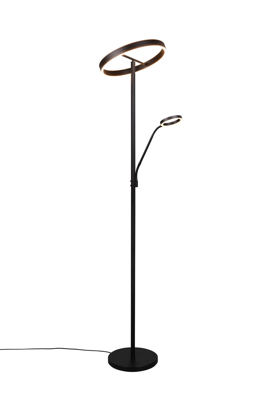 Moderne Stehleuchte Willis mit zwei leuchtenden Ringen, seitliche Perspektive