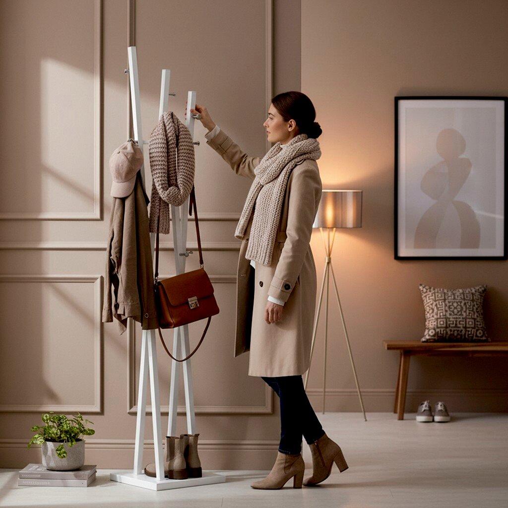 Weiße, freistehende Garderobenständer-Kleiderstange mit Haken, behängt mit Mantel, Schal, Mütze und brauner Tasche in einem modernen Flur; seitliche Ansicht auf das Produkt.