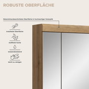 Detailansicht aus leicht schräger Frontperspektive: Holzrahmen mit melaminharzbeschichteter Oberfläche in hochwertiger Holzoptik, mit Spiegel/Glasfläche; hervorgehobene Eigenschaften: kratzfest, stoßfeste Kante, wasserabweisend, leicht zu reinigen.