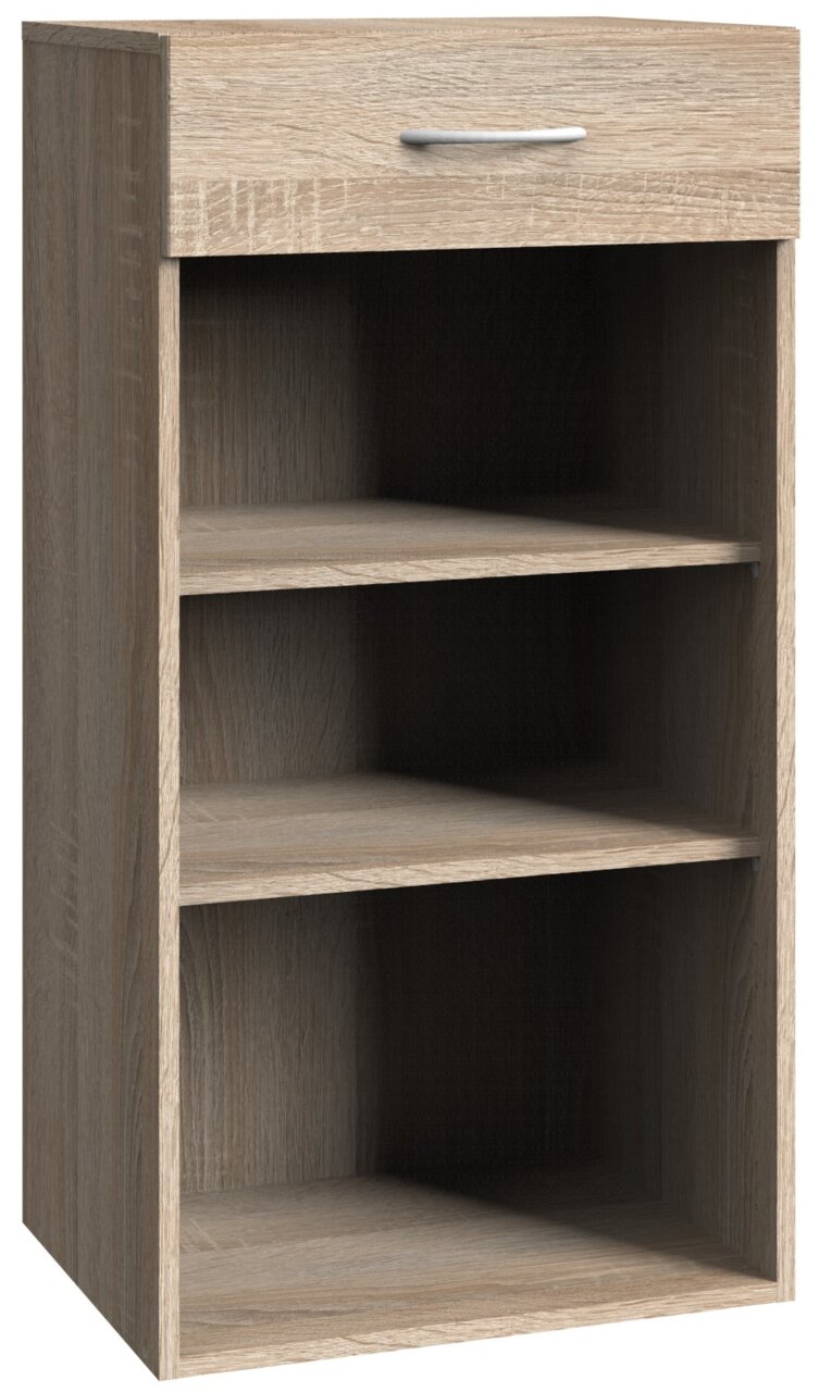 Houten plank met drie open vakken en een lade, zijaanzicht