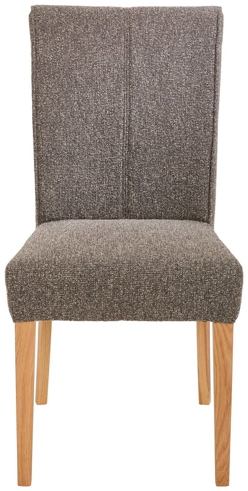 Moderner Stuhl mit grauem Stoffbezug und hellen Holzbeinen, Frontalansicht