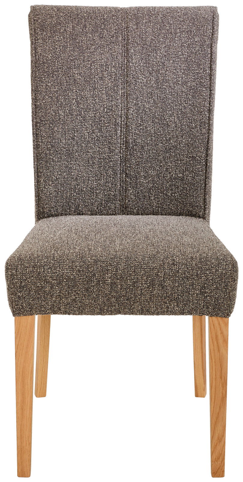 Moderner Stuhl mit grauem Stoffbezug und hellen Holzbeinen, Frontalansicht