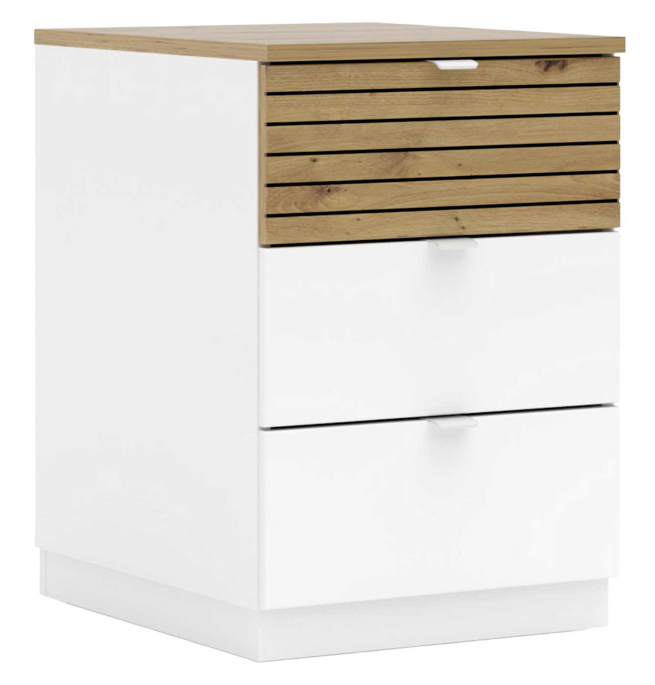 Voleo Rollcontainer DIANA Moderner Container mit zwei weißen Schubladen und einer oberen Schublade mit Holzlamellen, seitliche Perspektive.