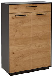 Schuhhochkommode aus Holz mit schwarzem Rahmen, frontal fotografiert