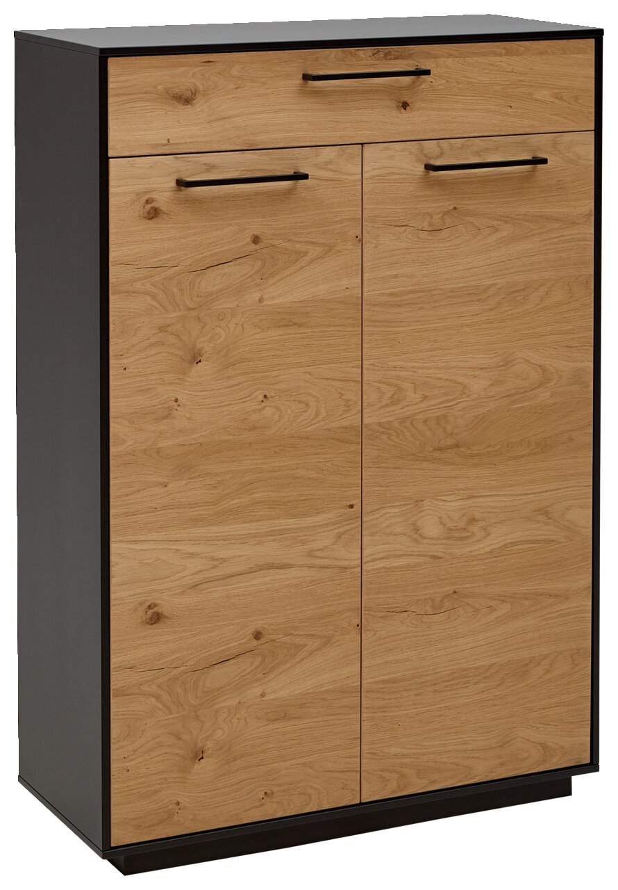 Schuhhochkommode aus Holz mit schwarzem Rahmen, frontal fotografiert