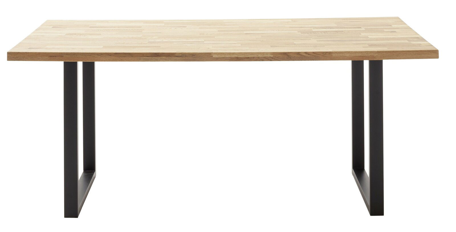 Moderner Esstisch mit Holzplatte und schwarzen Metallbeinen, Frontalansicht