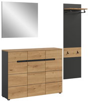 Modernes Flur-Set mit Kommode in Eicheoptik und anthrazitfarbenem Korpus, großem Wandspiegel sowie Garderobenpaneel mit Ablage und Haken, Ansicht schräg von vorn
