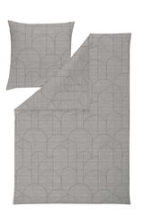 Bettwäsche-Set in Grau mit geometrischem Muster, bestehend aus einem Kissenbezug und einem Deckenbezug, aus der Vogelperspektive.