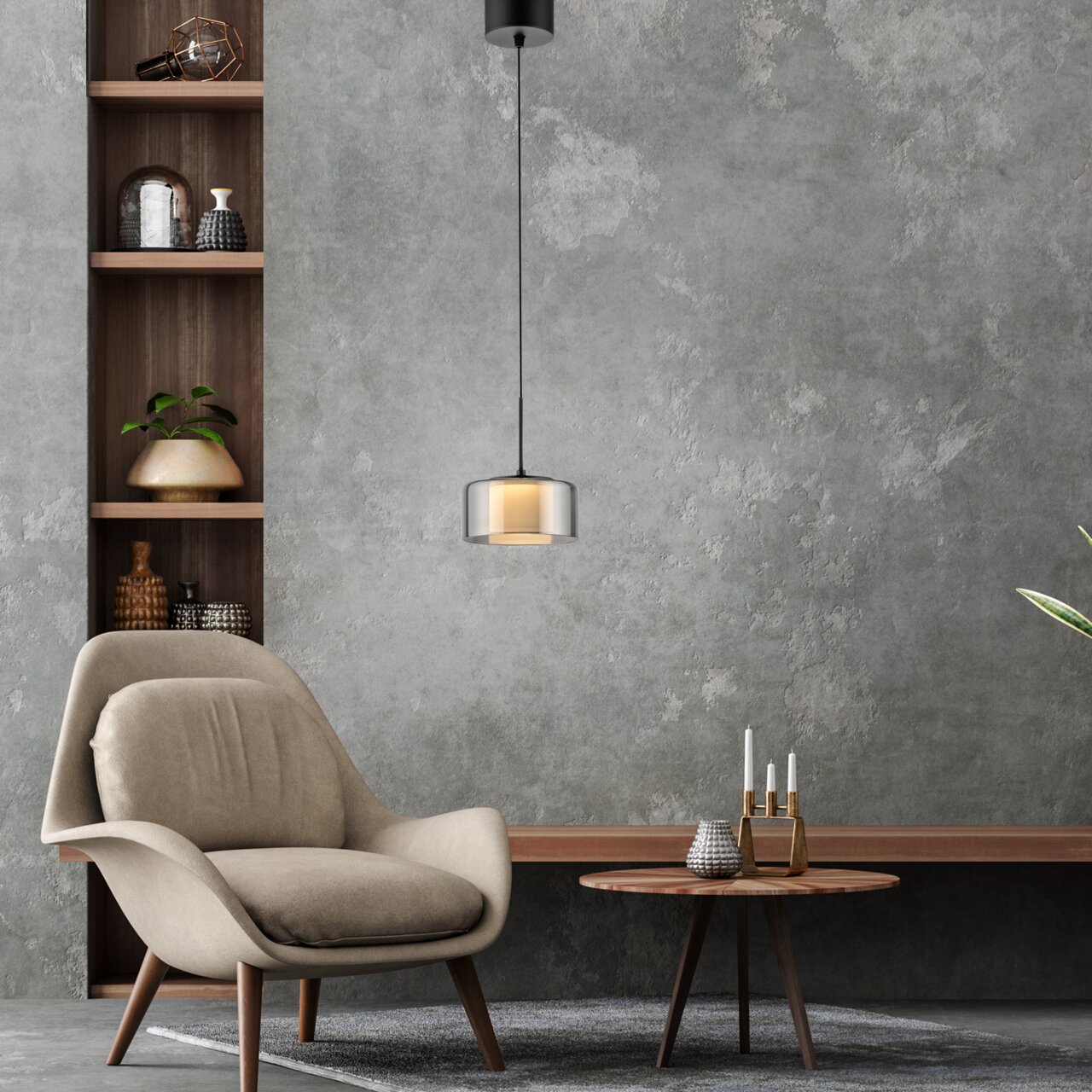 Moderne Pendelleuchte RIKA von Paul Neuhaus in einem stilvollen Wohnzimmer, seitliche Perspektive.