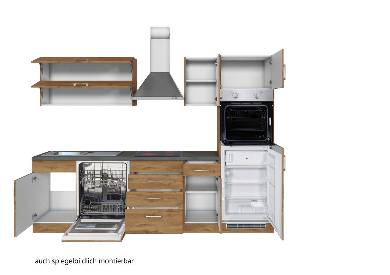 Küchenzeile mit Holzoptik, bestehend aus Hängeschränken, Dunstabzugshaube, Herd, Spülmaschine und Kühlschrank, frontal betrachtet.