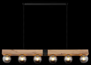 Hängeleuchte mit fünf Glühbirnen in runden Glaskugeln, montiert auf einem Holzträger, aus der Frontalperspektive.