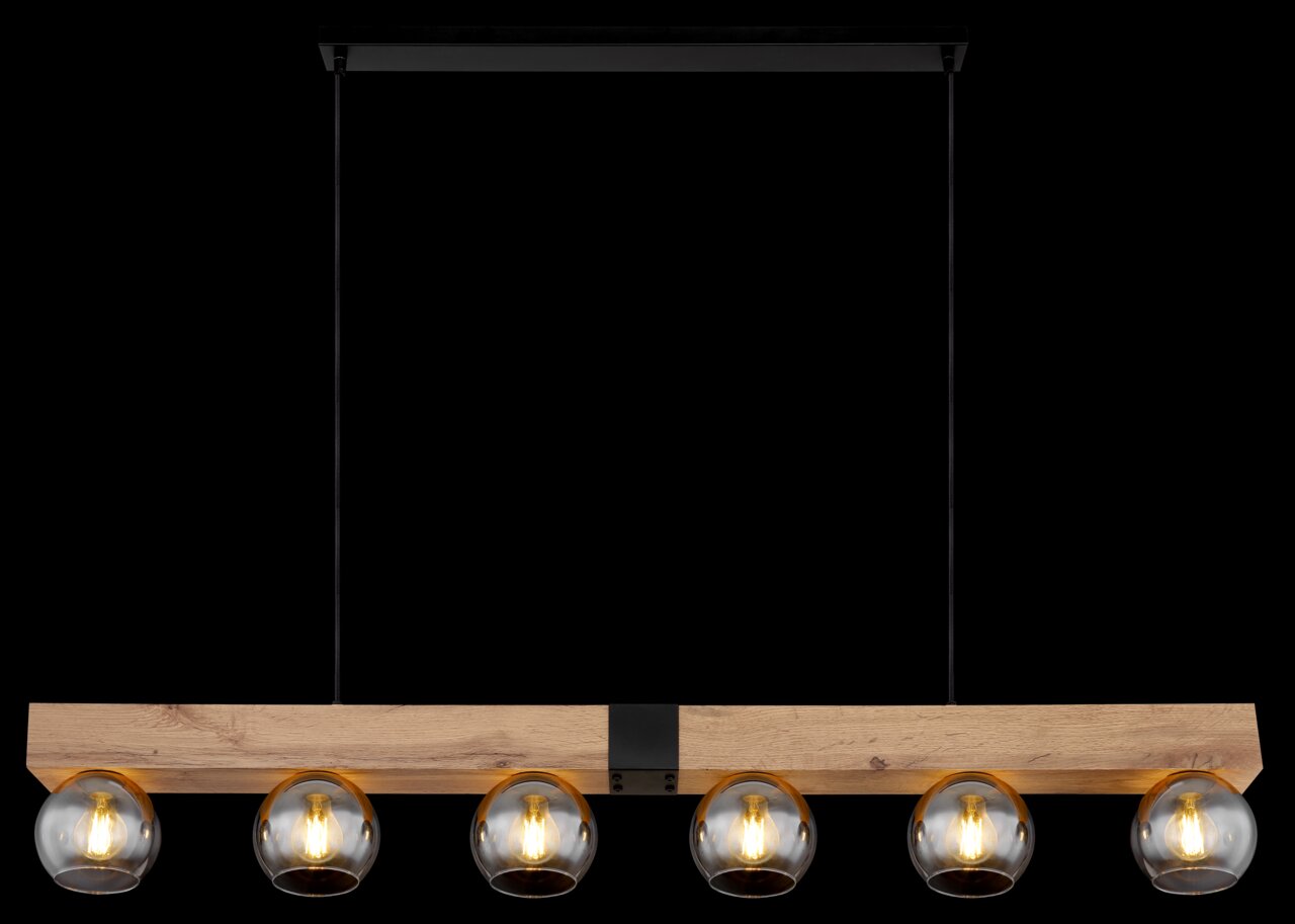 Hängeleuchte mit fünf Glühbirnen in runden Glaskugeln, montiert auf einem Holzträger, aus der Frontalperspektive.