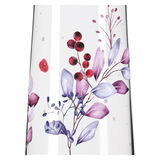 Nahaufnahme eines Longdrinkbechers mit floralen und beerenartigen Motiven in lila und roten Tönen auf transparentem Hintergrund.
