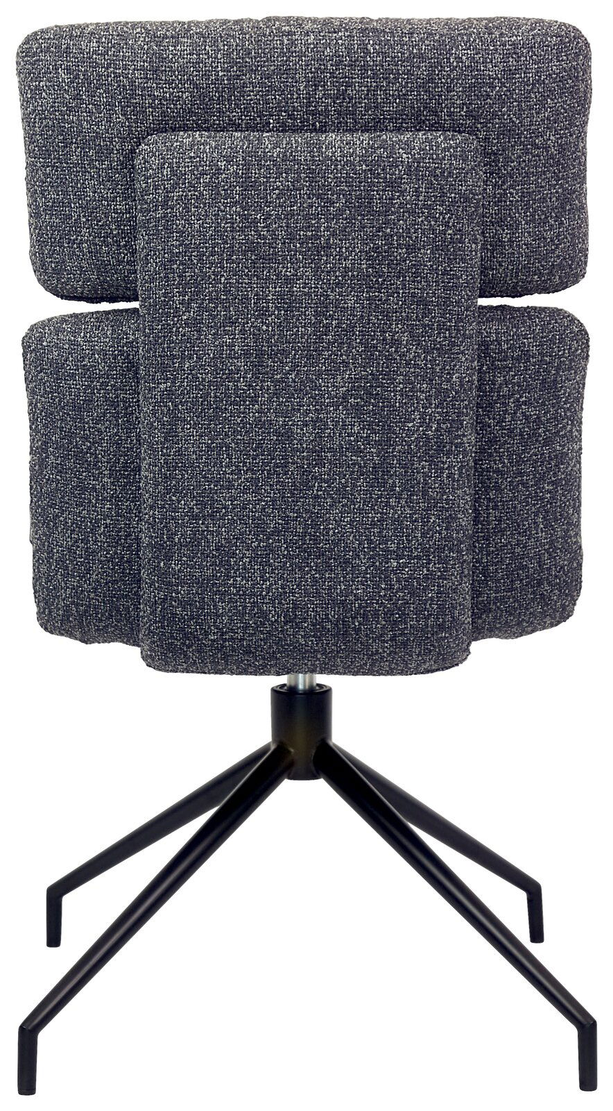 Rückansicht eines modernen Stuhls mit grauem Stoffbezug und schwarzem Metallgestell