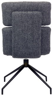 Rückansicht eines modernen Stuhls mit grauem Stoffbezug und schwarzem Metallgestell