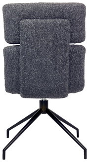 Rückansicht eines modernen Stuhls mit grauem Stoffbezug und schwarzem Metallgestell