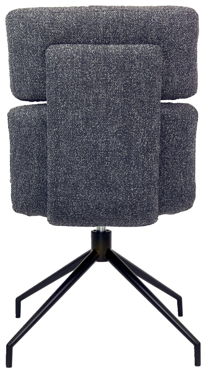 Rückansicht eines modernen Stuhls mit grauem Stoffbezug und schwarzem Metallgestell