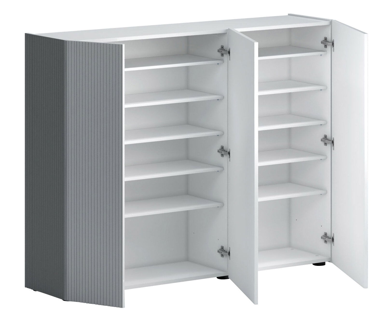 Offener XL-Schuhschrank mit mehreren Regalböden, seitliche Perspektive