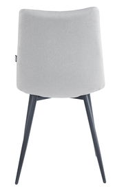 Rückansicht eines modernen Stuhls mit grauem Stoffbezug und schwarzen Metallbeinen.