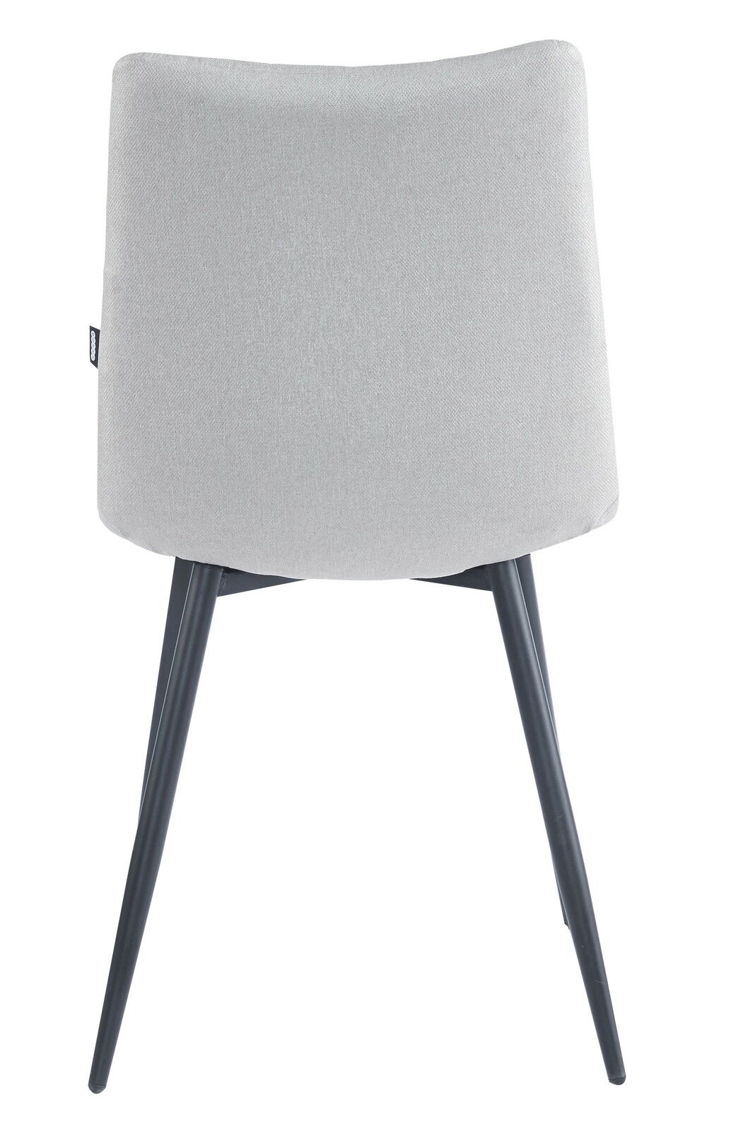 Rückansicht eines modernen Stuhls mit grauem Stoffbezug und schwarzen Metallbeinen.