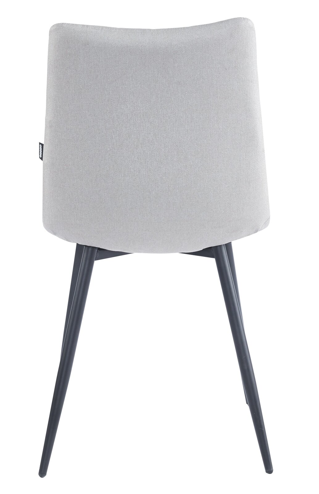 Rückansicht eines modernen Stuhls mit grauem Stoffbezug und schwarzen Metallbeinen.