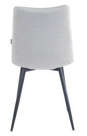 Rückansicht eines modernen Stuhls mit grauem Stoffbezug und schwarzen Metallbeinen.