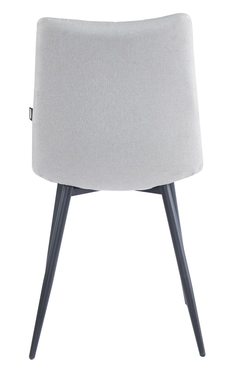 Rückansicht eines modernen Stuhls mit grauem Stoffbezug und schwarzen Metallbeinen.