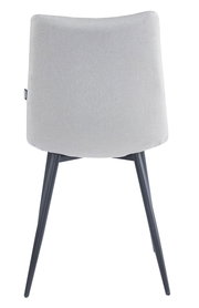 Rückansicht eines modernen Stuhls mit grauem Stoffbezug und schwarzen Metallbeinen.