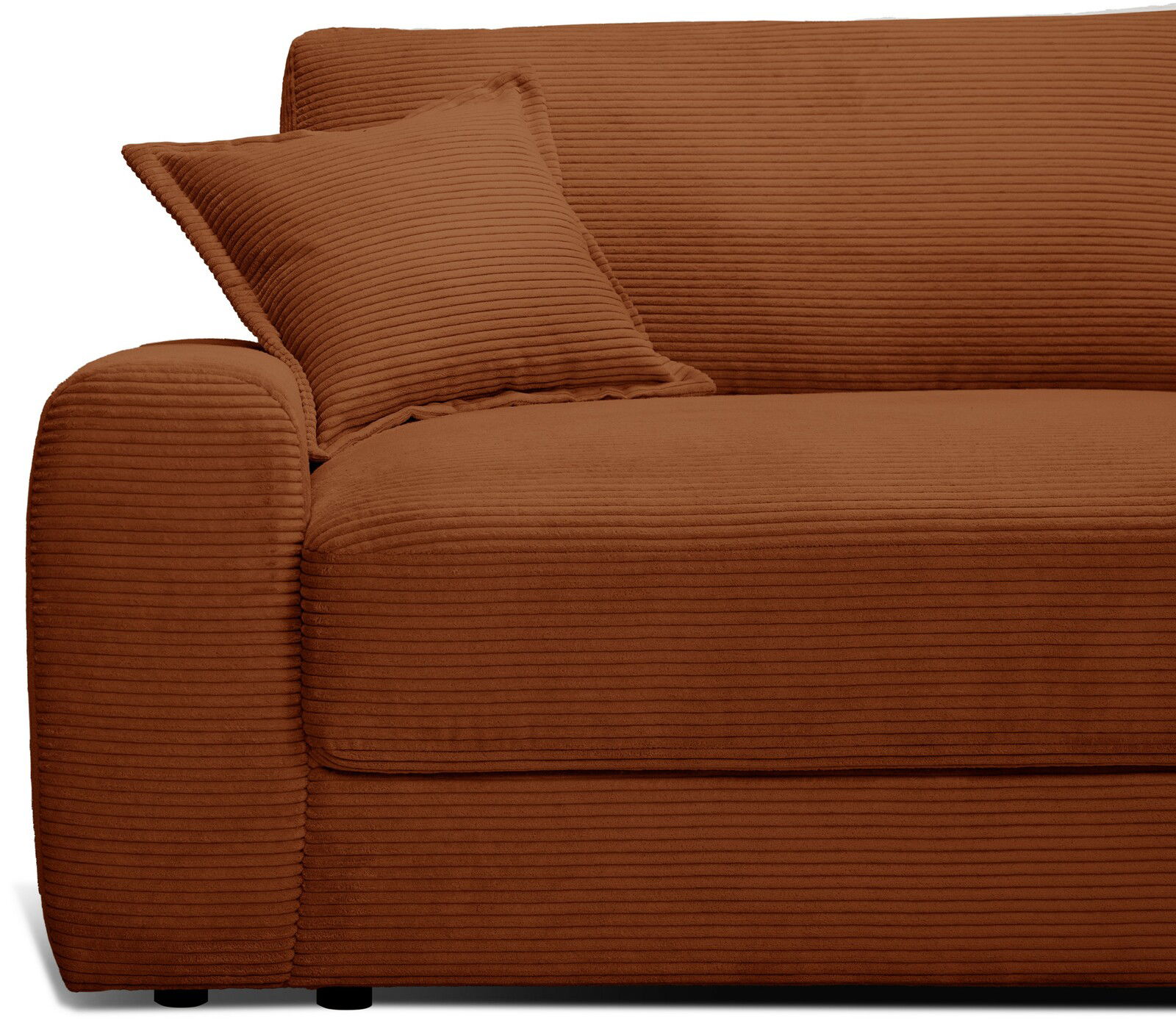 Nahaufnahme eines braunen Big-Sofas mit Kissen, seitliche Perspektive