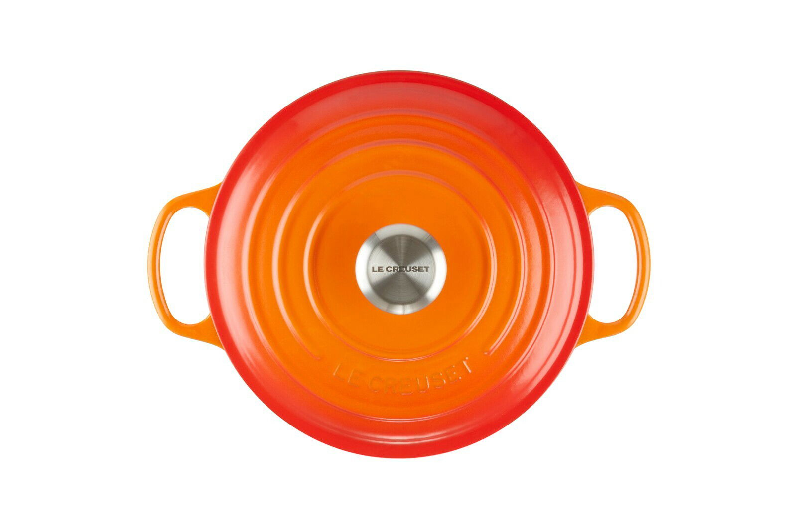 Gourmet Bräter 30cm in Ofenrot von oben mit zwei Griffen und Edelstahlknauf.