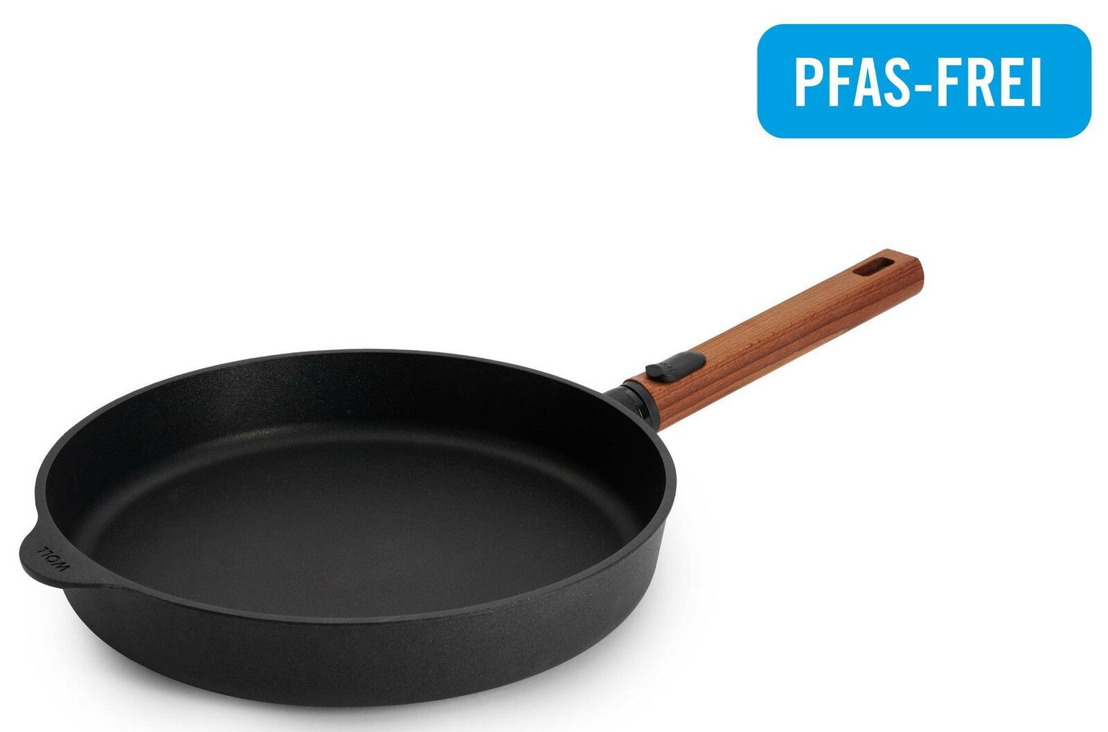 Gusseiserne Flachpfanne mit Holzgriff, seitliche Perspektive, PFAS-frei
