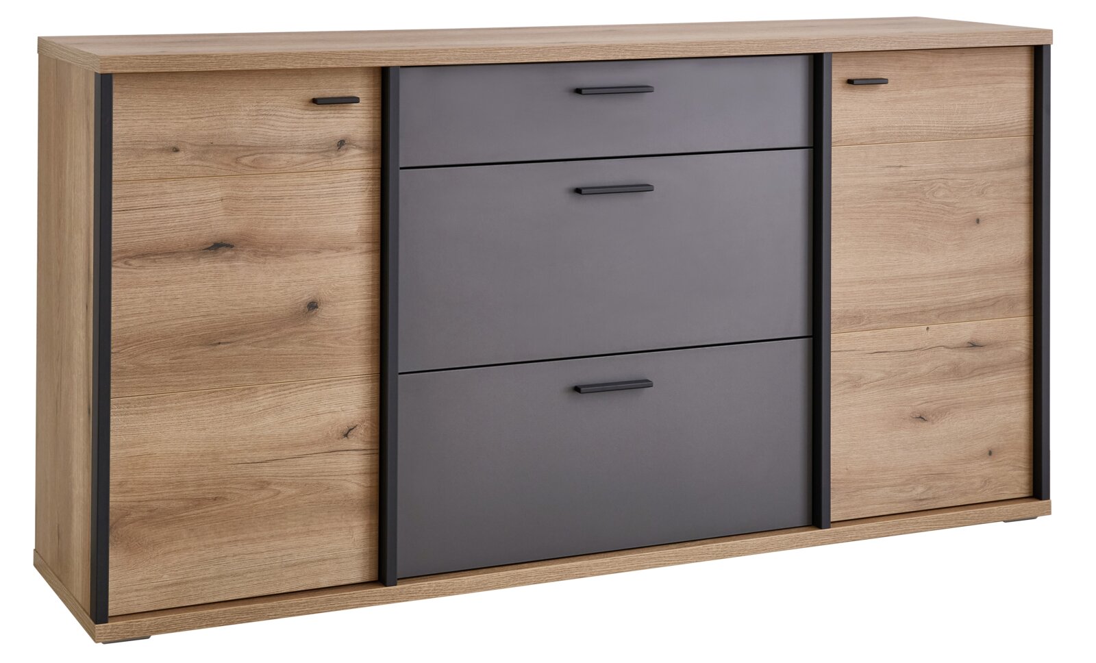 XORA Dressoir MELO Moderne ladekast in houtlook met drie grijze lades in het midden en twee houten deuren aan de zijkanten, zwarte handgrepen, vooraanzicht licht schuin van voren