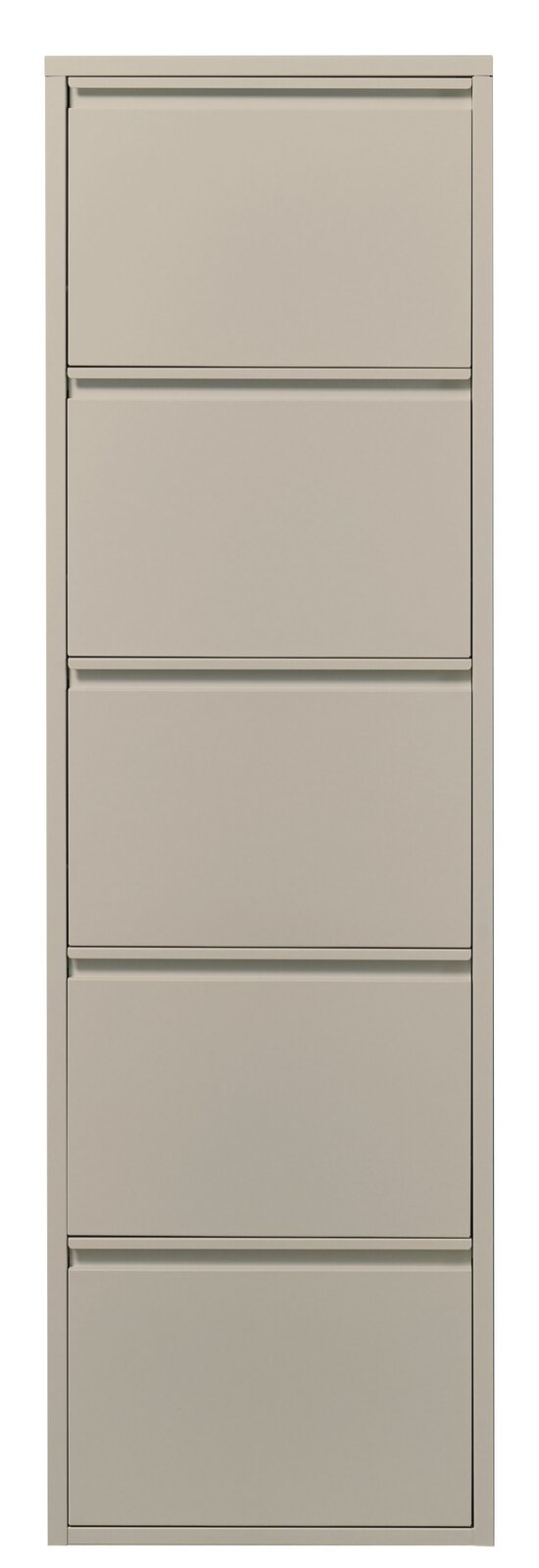 Schmaler, hoher Schuhschrank in Beige mit fünf Klappfächern, frontale Ansicht.