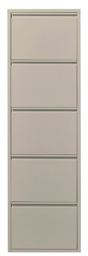 Schmaler, hoher Schuhschrank in Beige mit fünf Klappfächern, frontale Ansicht.