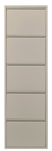 Schmaler, hoher Schuhschrank in Beige mit fünf Klappfächern, frontale Ansicht.