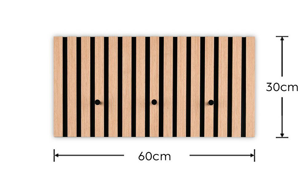 Garderobenleiste aus Holz mit schwarzen Streifen, drei Haken, Vorderansicht, Maße 60x30 cm