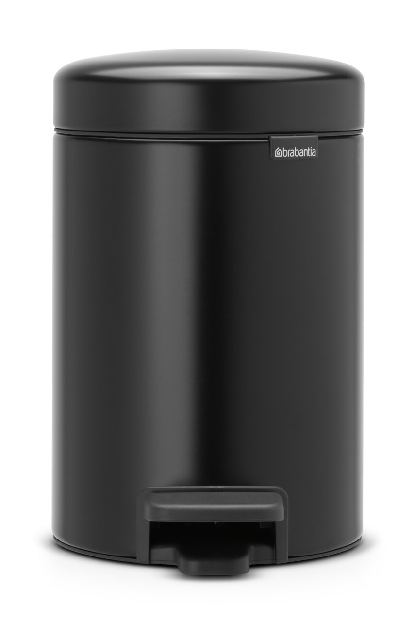 Schwarzer Treteimer newIcon 3L von vorne mit geschlossenem Deckel und sichtbarem Pedal.