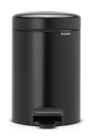 Schwarzer Treteimer newIcon 3L von vorne mit geschlossenem Deckel und sichtbarem Pedal.