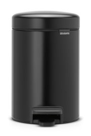 Schwarzer Treteimer newIcon 3L von vorne mit geschlossenem Deckel und sichtbarem Pedal.