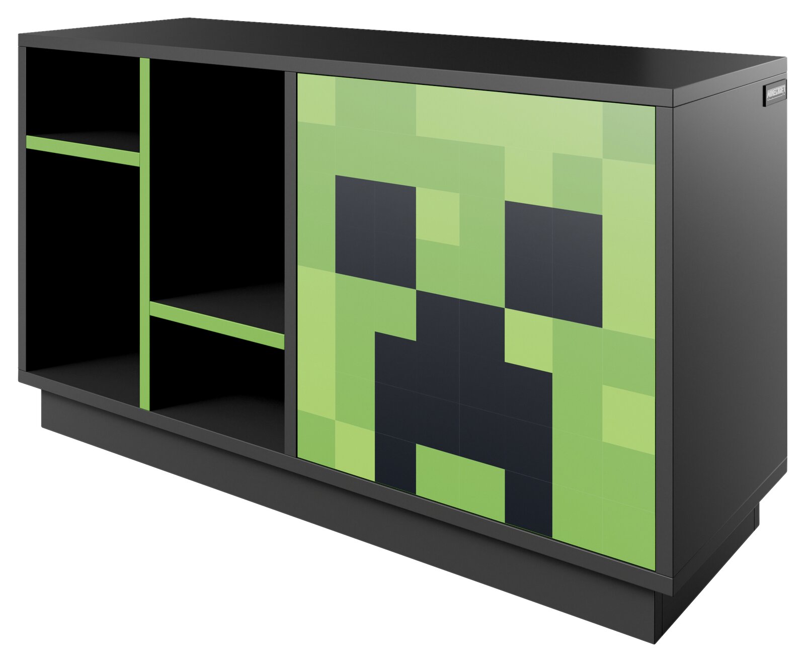Schwarzes Sideboard mit offenen Regalfächern links und grüner, pixeliger Front im Minecraft-Creeper-Design rechts, Ansicht schräg von vorne links.
