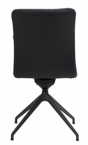 Rückansicht eines schwarzen Stuhls mit vier Beinen und modernem Design.