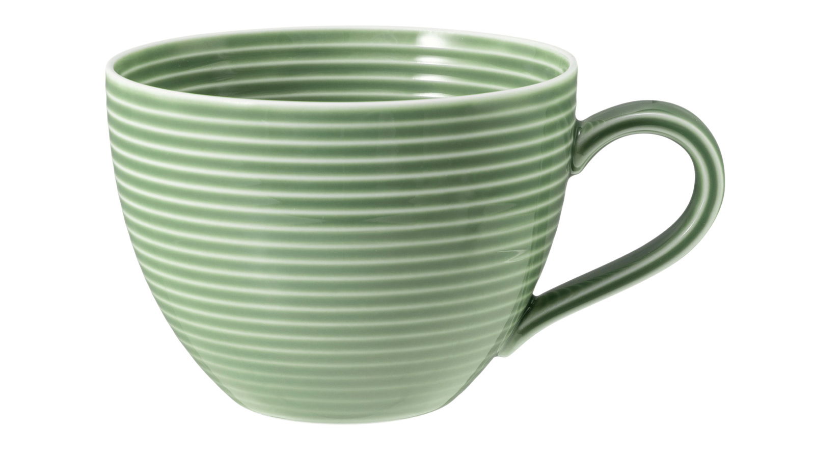 Grüne Kaffeetasse mit horizontalen Rillen, seitliche Perspektive