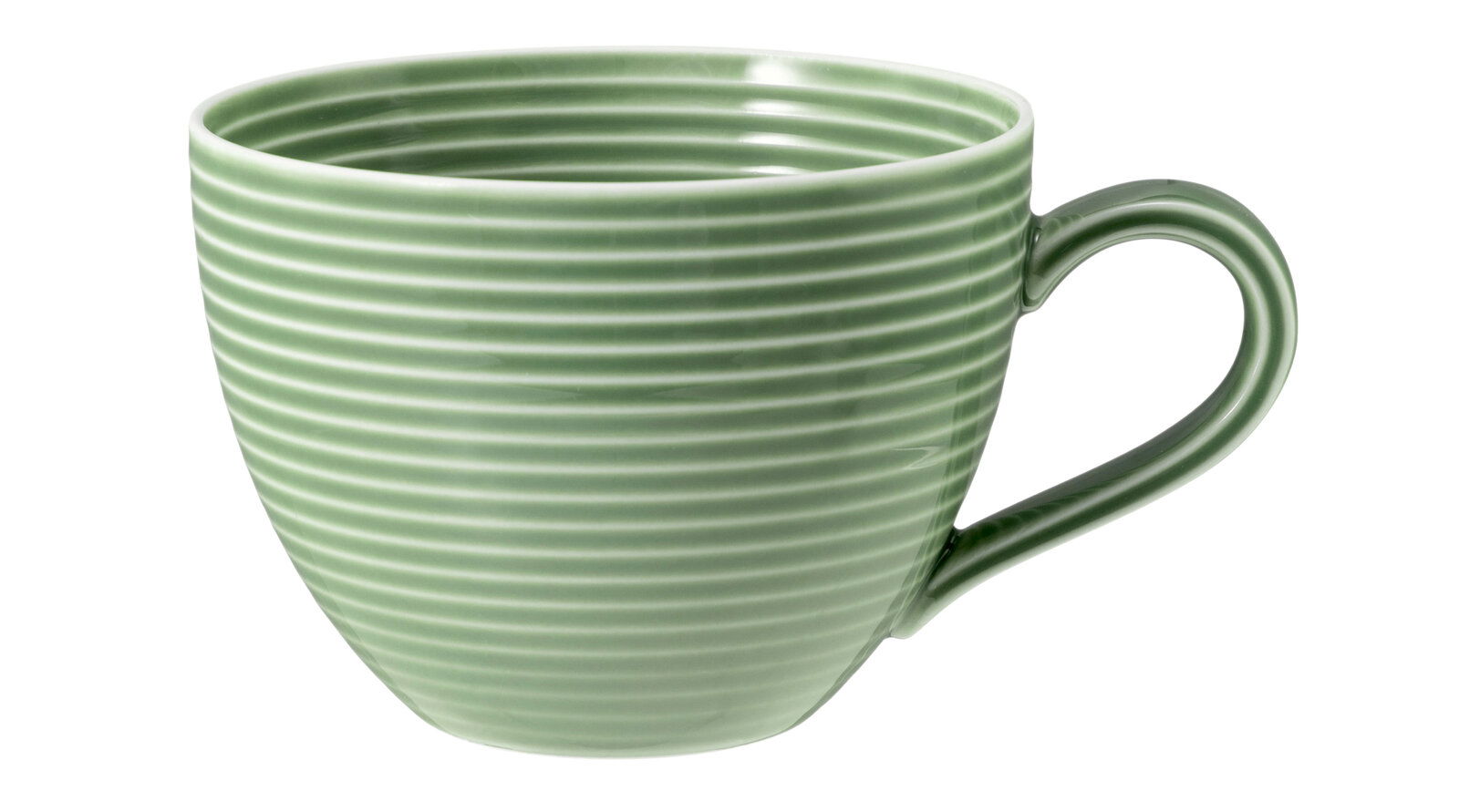 Grüne Kaffeetasse mit horizontalen Rillen, seitliche Perspektive
