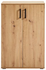 Schuhschrank aus Holz mit zwei Türen und schwarzen Griffen, frontale Ansicht