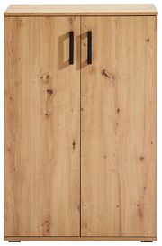 Schuhschrank aus Holz mit zwei Türen und schwarzen Griffen, frontale Ansicht