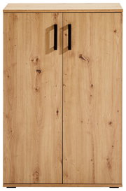 Schuhschrank aus Holz mit zwei Türen und schwarzen Griffen, frontale Ansicht