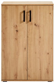 Schuhschrank aus Holz mit zwei Türen und schwarzen Griffen, frontale Ansicht