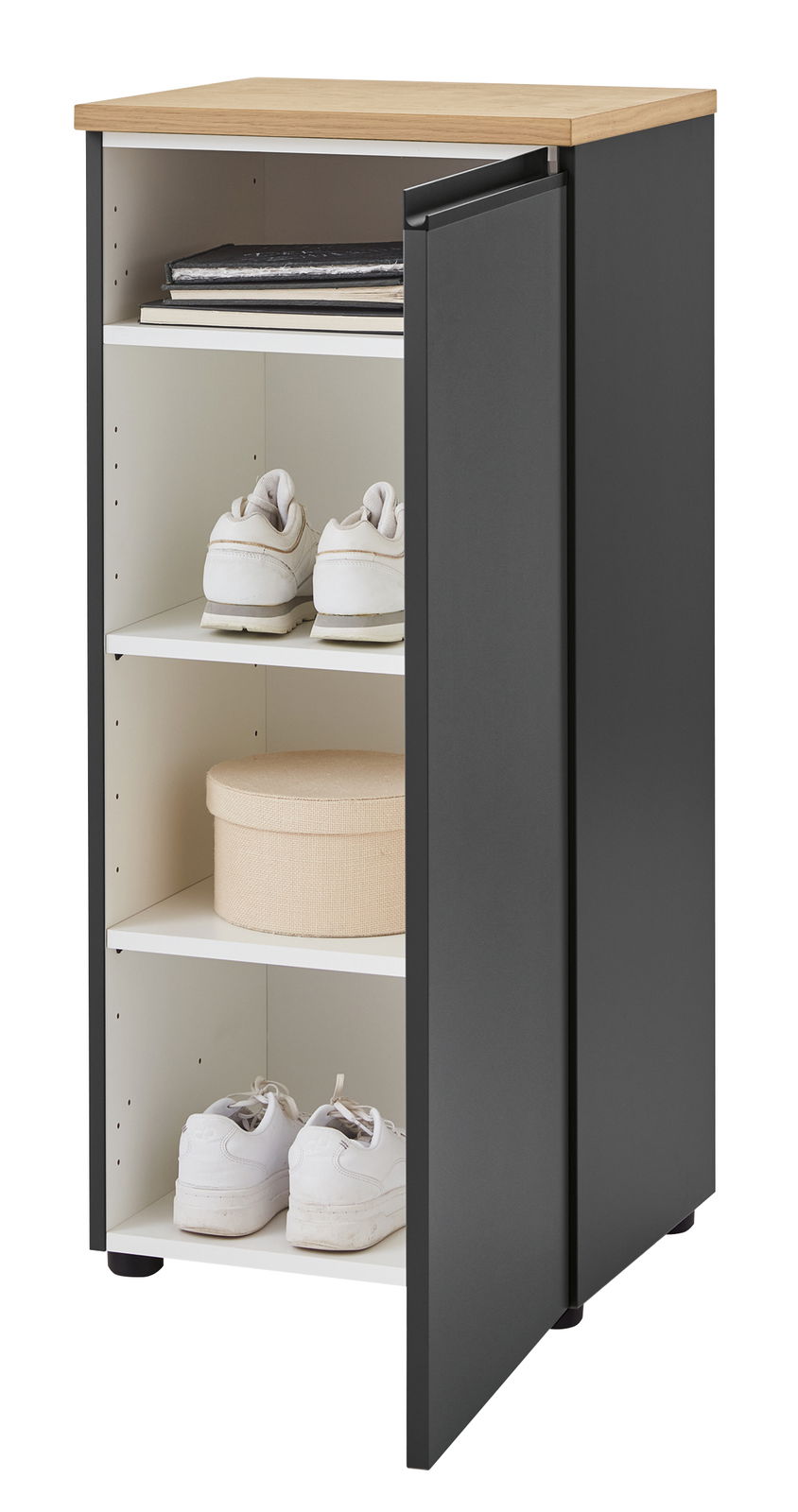 Schwarze Kommode mit Holzplatte, offene Tür, zeigt Regale mit Schuhen und Box, seitliche Perspektive
