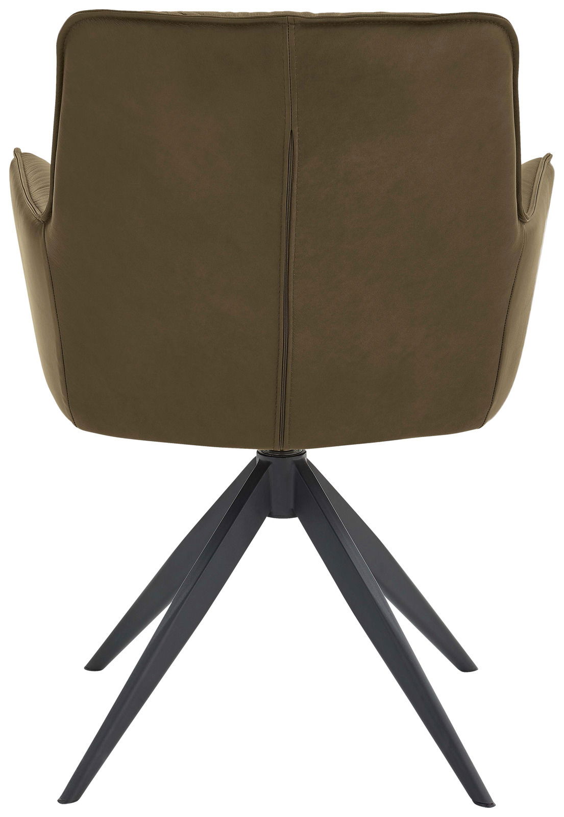 Dieter Knoll Design-Schalensessel PREMIO Rückansicht eines modernen Design-Schalensessels mit olivgrünem Bezug und schwarzem Metallgestell.