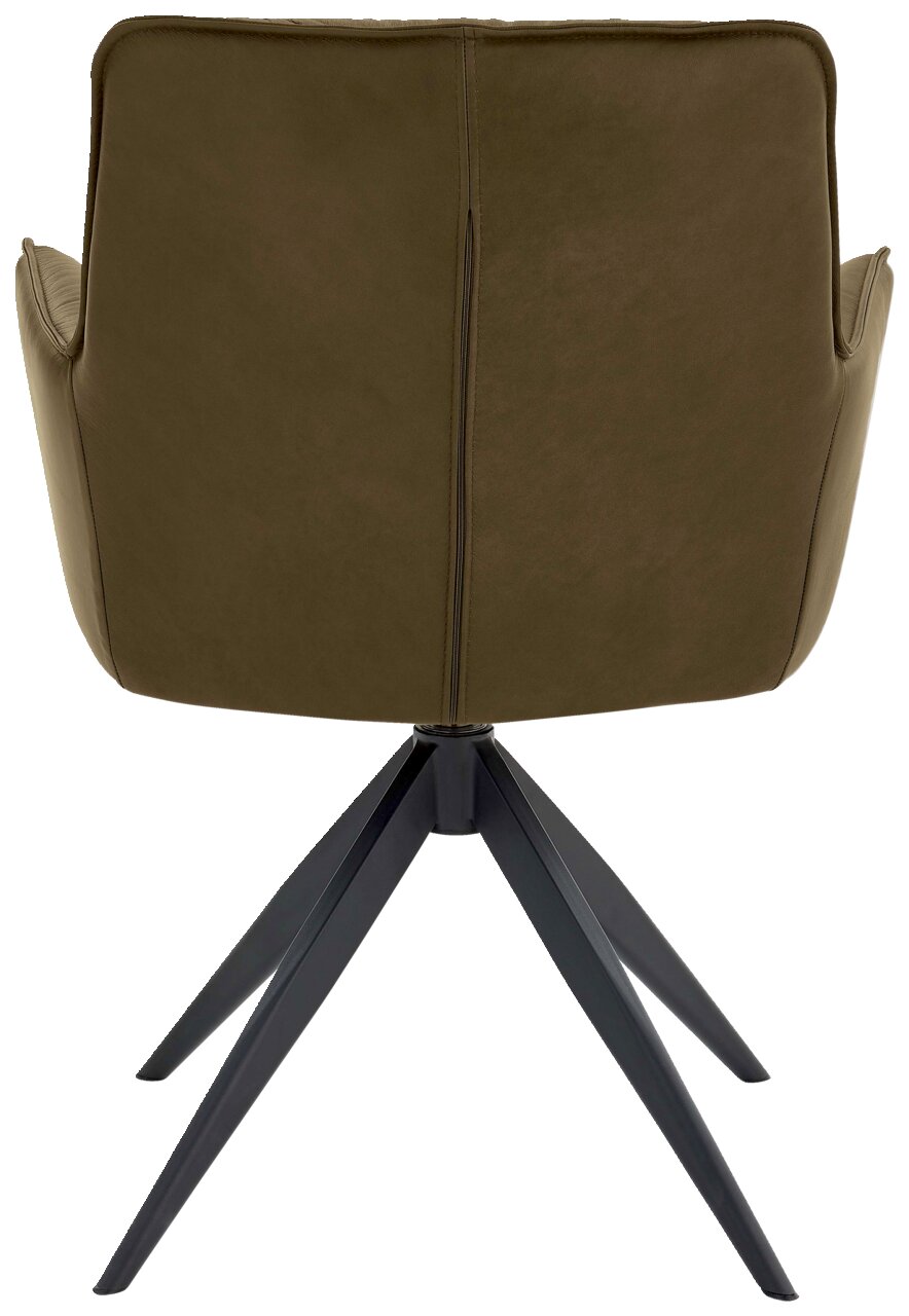 Dieter Knoll Design-Schalensessel PREMIO Rückansicht eines modernen Design-Schalensessels mit olivgrünem Bezug und schwarzem Metallgestell.